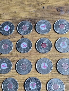 Canadian Colored Commerative Coins with Pink Ribbon/ Red Poppy Detail